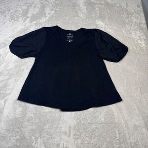 Velvet by Graham‎ Spencer Vintage Slub V Neck Ruched Sleeve Shirt Top XS Black